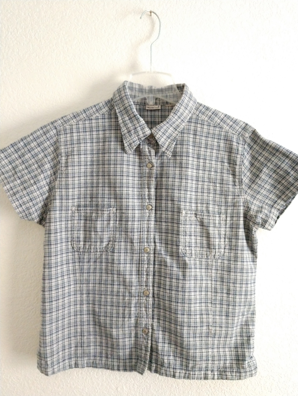 Vintage Northcrest Women's Camp Shirt Blue Plaid Short Sleeve